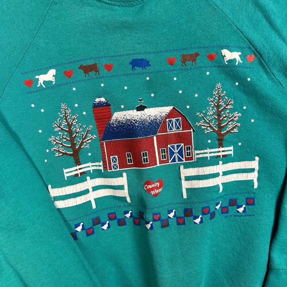 Vintage Fruit of the Loom Country Winter Mock Neck Sweatshirt‎ Teal XL Barn Farm - Picture 7 of 12